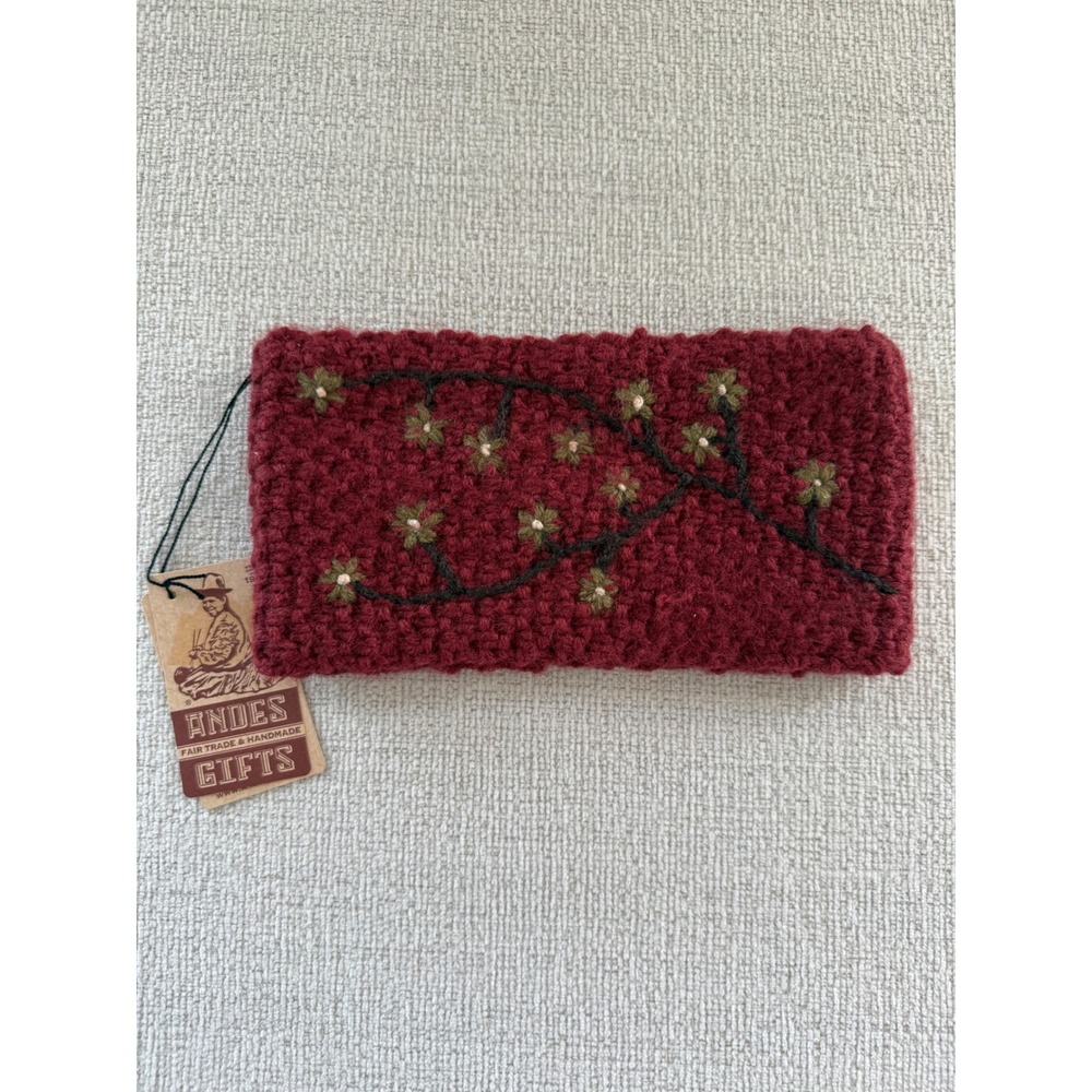 NWT Hand Knit Alpaca Blend Fleece Lined Ear Warmer Burgundy Embroidered Floral